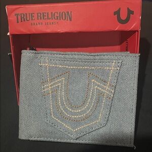 True Religion Women's Blue Denim Wallet with Tan Stitching